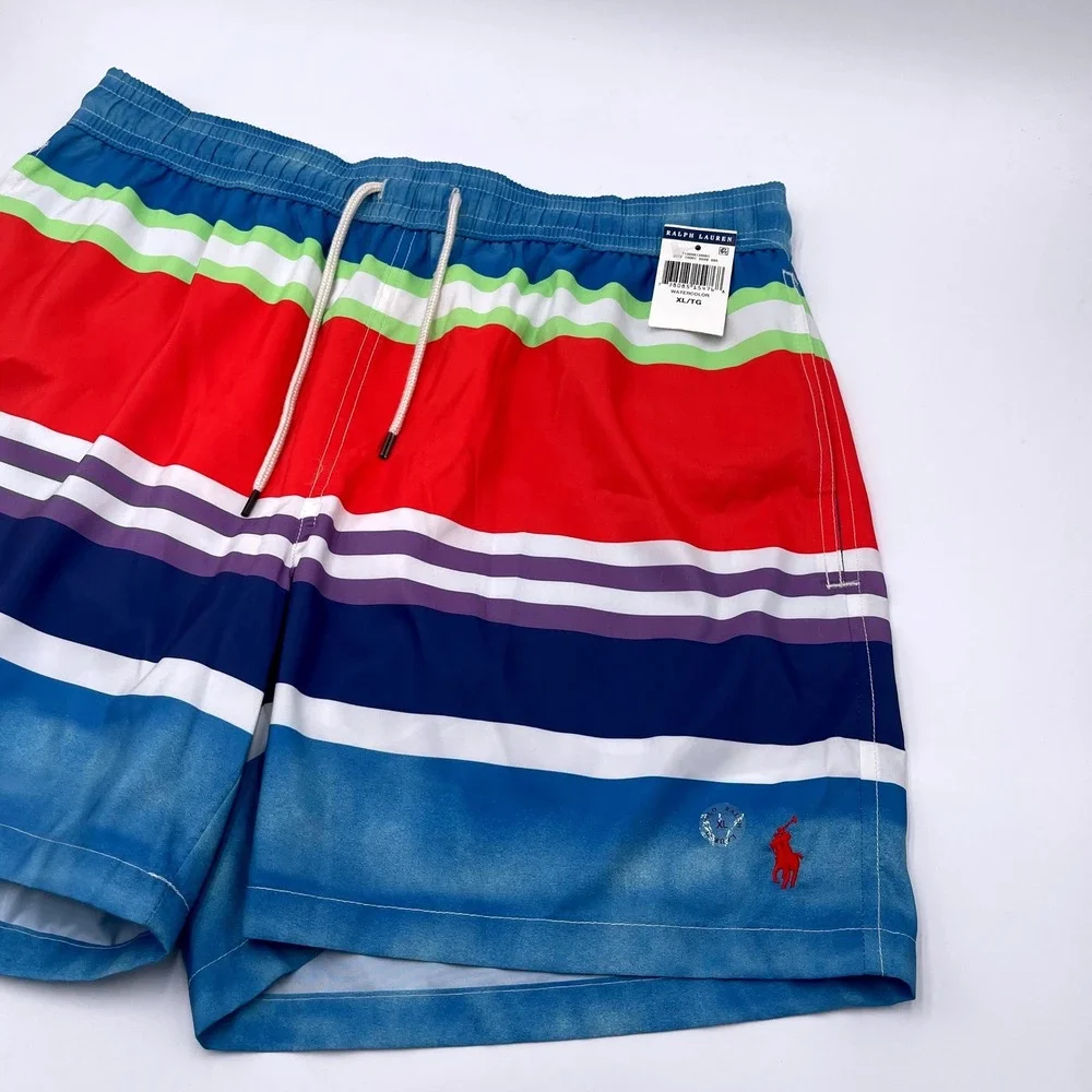 Polo Ralph Lauren Mens XL Watercolor Striped Swim Trunks Red Blue Beachwear